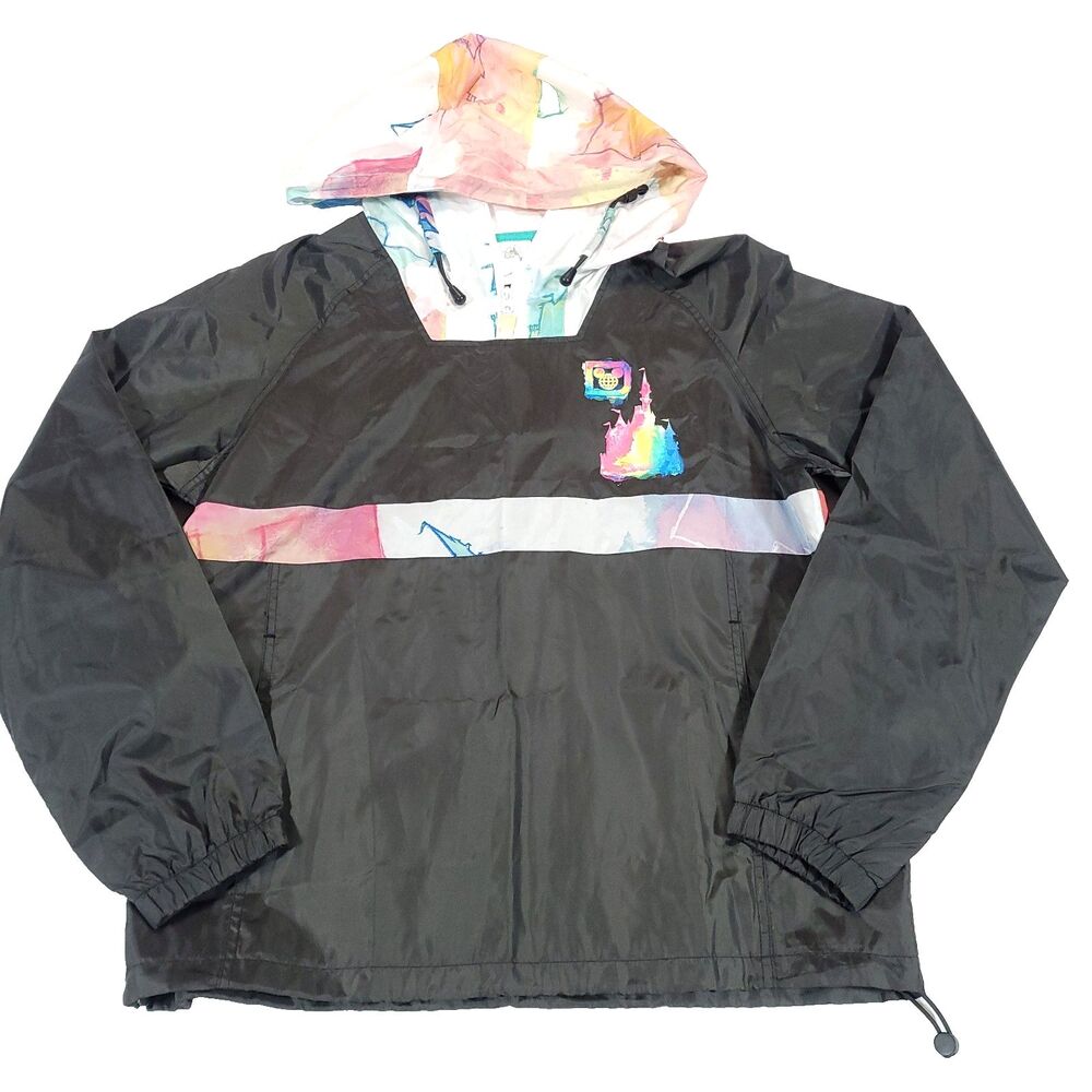 Disney parks rainbow watercolor castle windbreaker M black